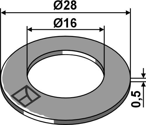 Rondelle DIN988 Ø28 x 0,5 x Ø16 – disque Väderstad Spirit – cotes