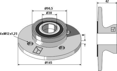 Palier de disque M12 x 1,25 – Väderstad Rapid – cotes