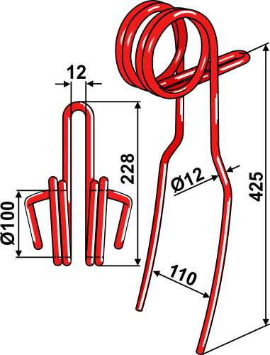 Dent de herse de recouvrement Ø12 mm, 425 mm – cotes